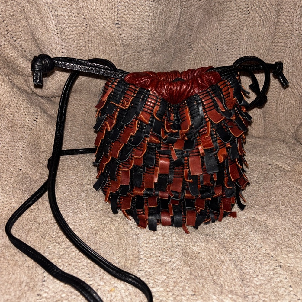 The Narda Collection Vintage Black Brown Woven Leather Fringe Bucket Bag